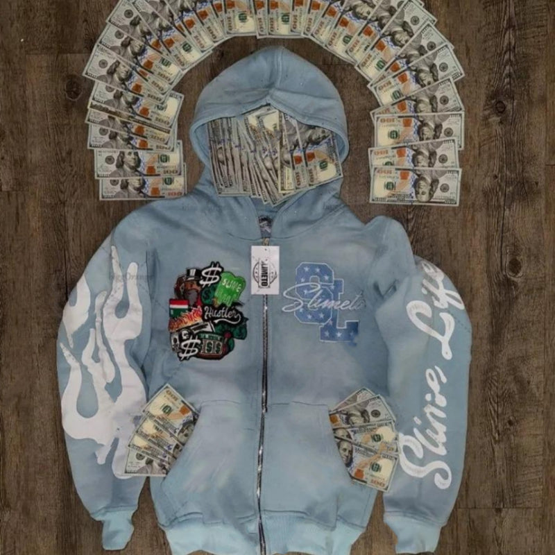 Hooded Cardigan Jacket Embroidered Print Mens Sweatshirt