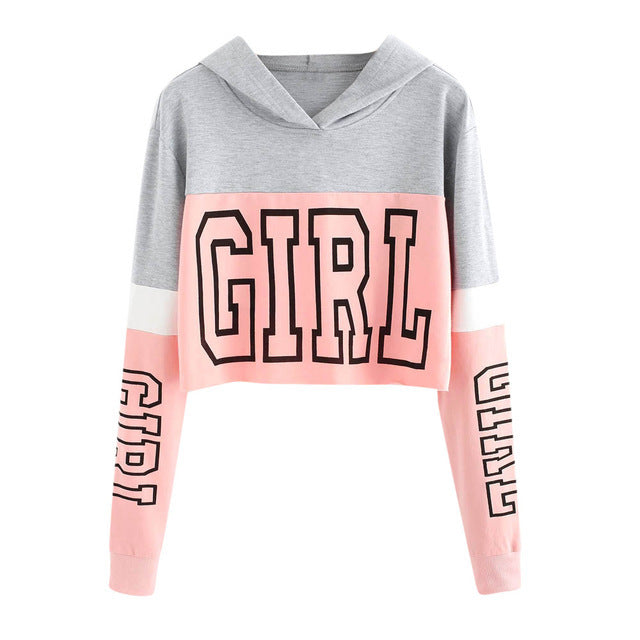 Girl Patchwork Crop Top Hoodie – Women's Sweet Casual Sweatshirt