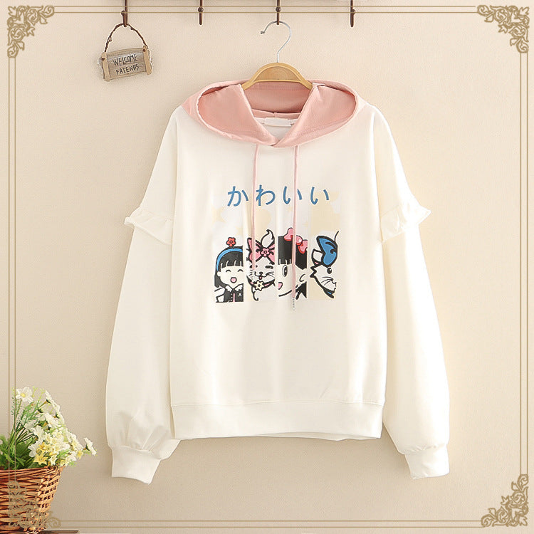 Ruffle Patchwork Cartoon Print Hoodie – Women's Bubble Sleeve Hooded Sweatshirt