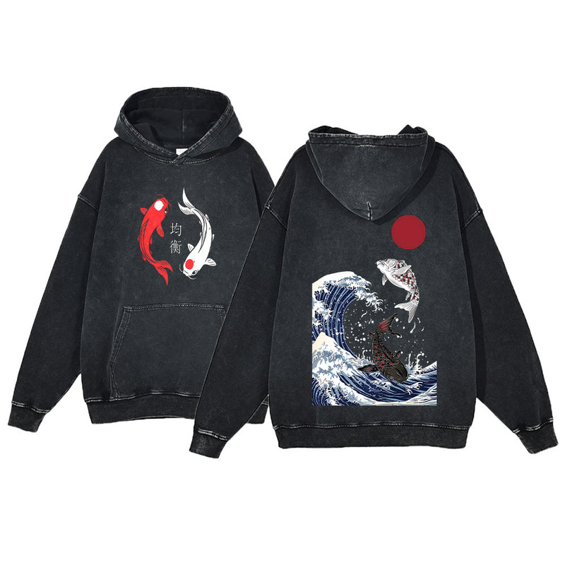 Ukiyo-e Koi Fish Retro Sweatshirt Men's Hip-Hop Hoodie,