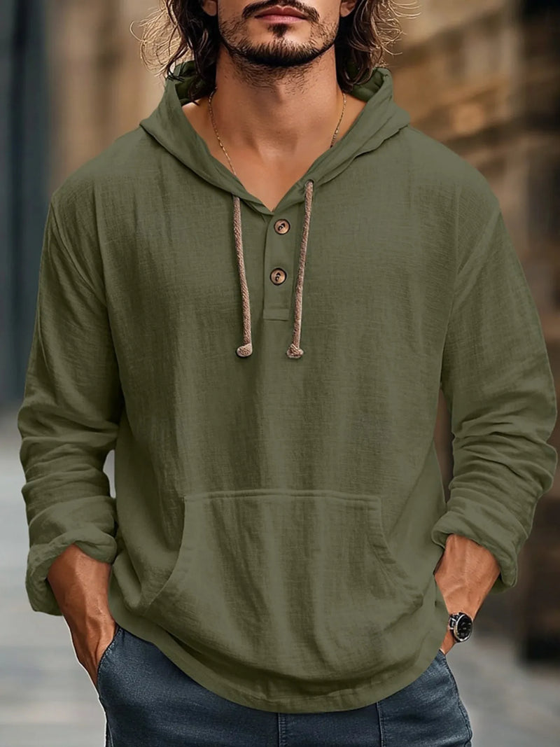 Men's Full Size Drawstring Long Sleeve Hoodie with Button Details Plus Size
