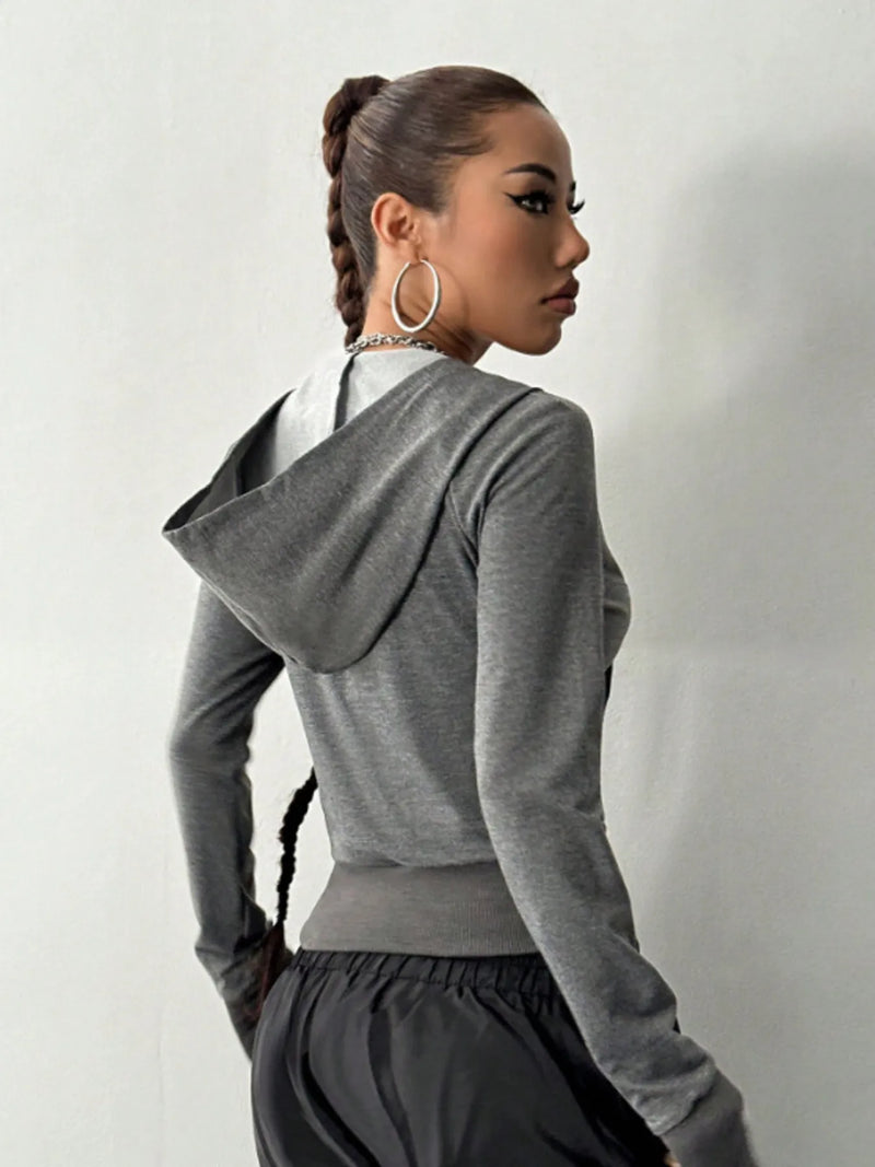 Ribbed Studded Zip-Up Long Sleeve Hoodie – Women's Fashion Sweatshirt