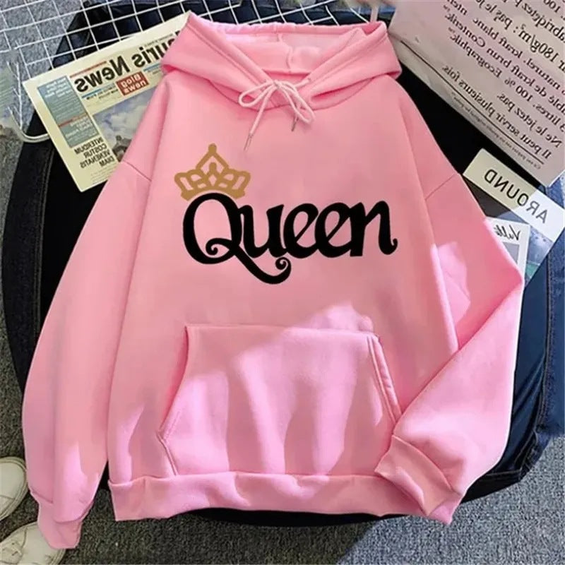 QUEEN Print Fleece Hoodie – Women's Loose Pullover Sweatshirt