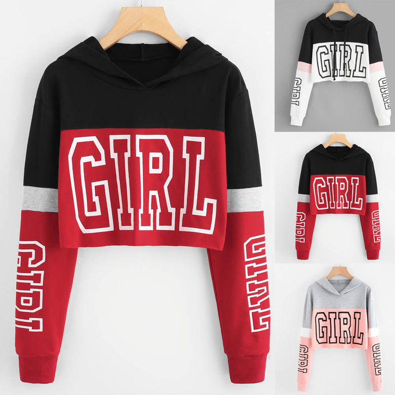 Girl Patchwork Crop Top Hoodie – Women's Sweet Casual Sweatshirt