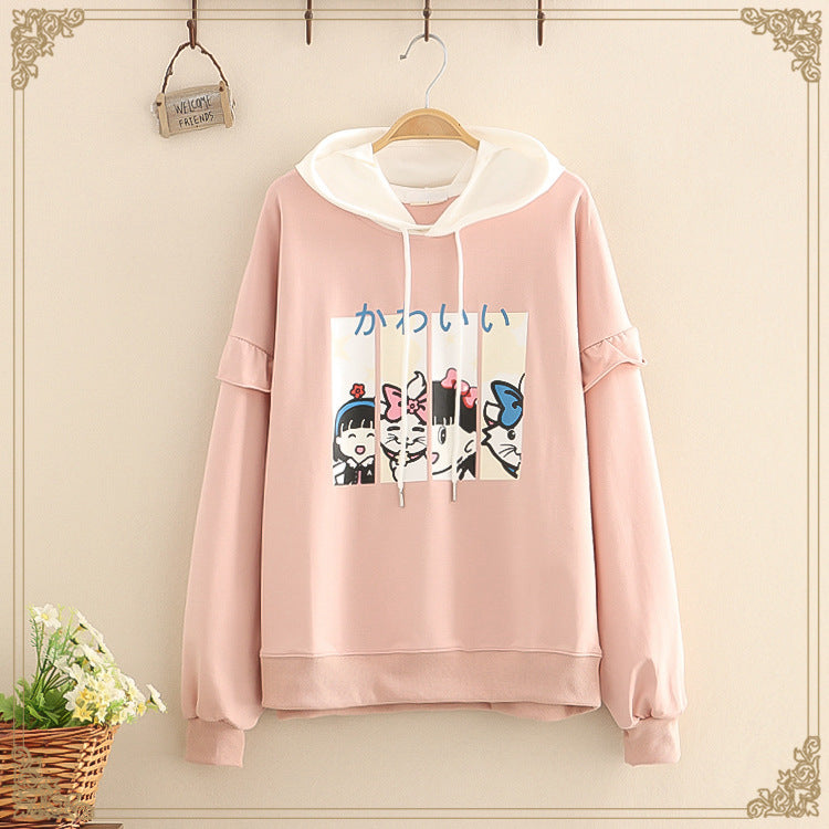 Ruffle Patchwork Cartoon Print Hoodie – Women's Bubble Sleeve Hooded Sweatshirt
