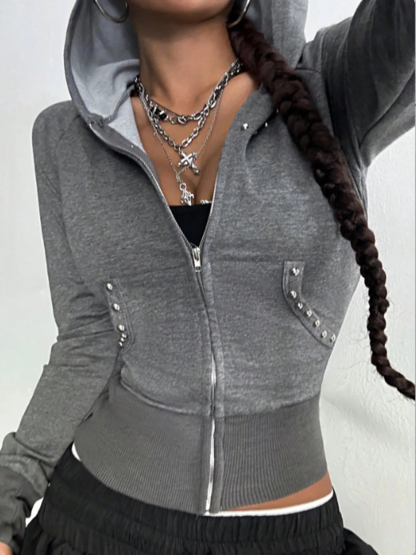 Ribbed Studded Zip-Up Long Sleeve Hoodie – Women's Fashion Sweatshirt