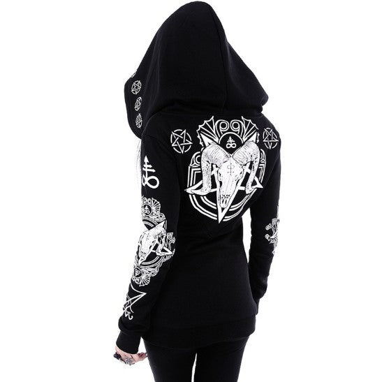 Gothic Punk Print Zip-Up Hoodie – Women's Long Sleeve Sweatshirt