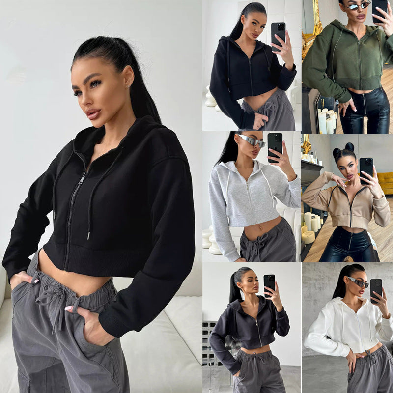 Zip-Up Drawstring Cropped Hoodie – Women's Long Sleeve Fashion Sweatshirt
