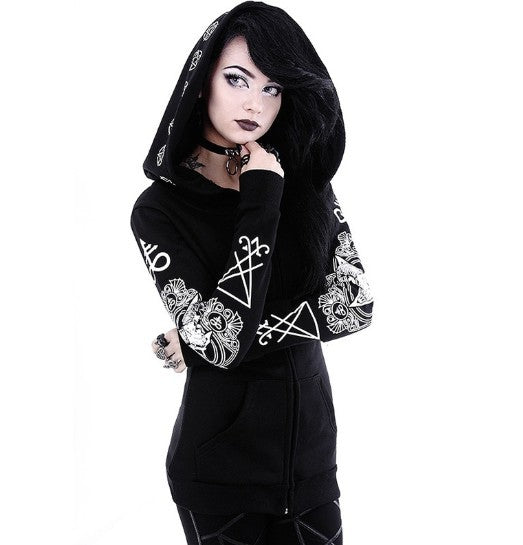 Gothic Punk Print Zip-Up Hoodie – Women's Long Sleeve Sweatshirt