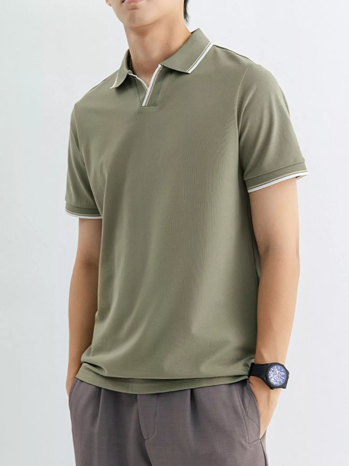 Men's Plus Size Casual Slim-Fit Striped Trim Polo