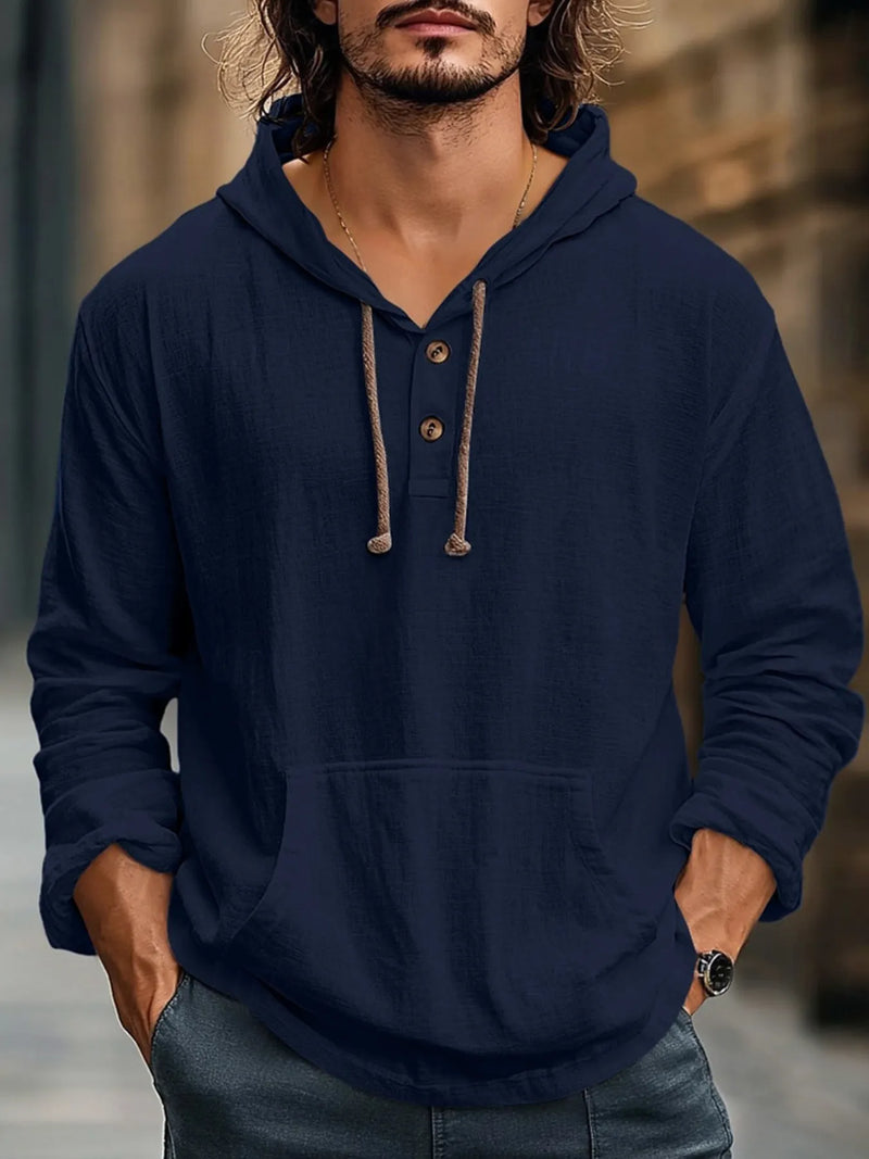 Men's Full Size Drawstring Long Sleeve Hoodie with Button Details Plus Size