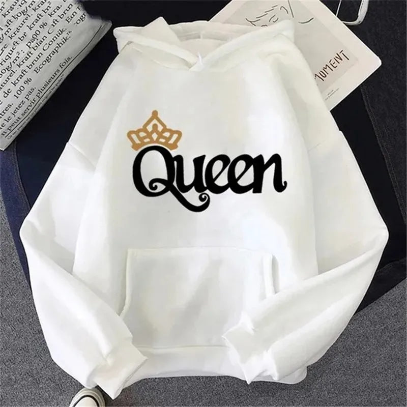 QUEEN Print Fleece Hoodie – Women's Loose Pullover Sweatshirt