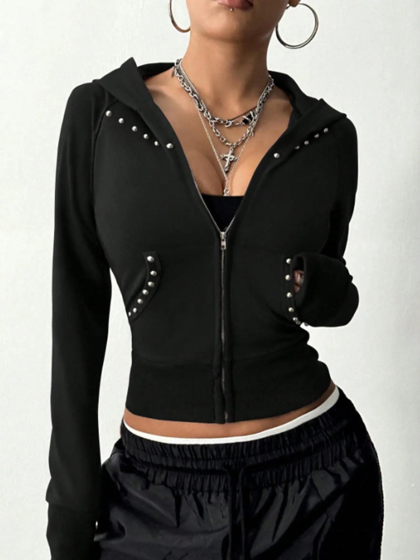 Ribbed Studded Zip-Up Long Sleeve Hoodie – Women's Fashion Sweatshirt